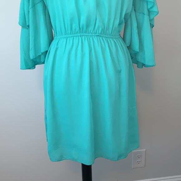 Si Style Turquoise Crochet Ruffle Sleeve Mini Dress Medium - Picture 3 of 9